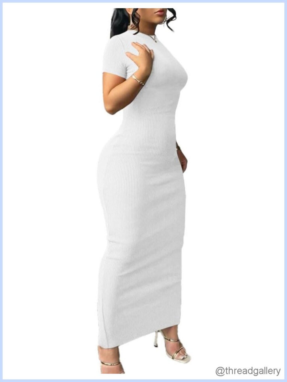 Ribbed Knit Bodycon Maxi Dress Short Sleeve Crew Neck Side Slit Casual
